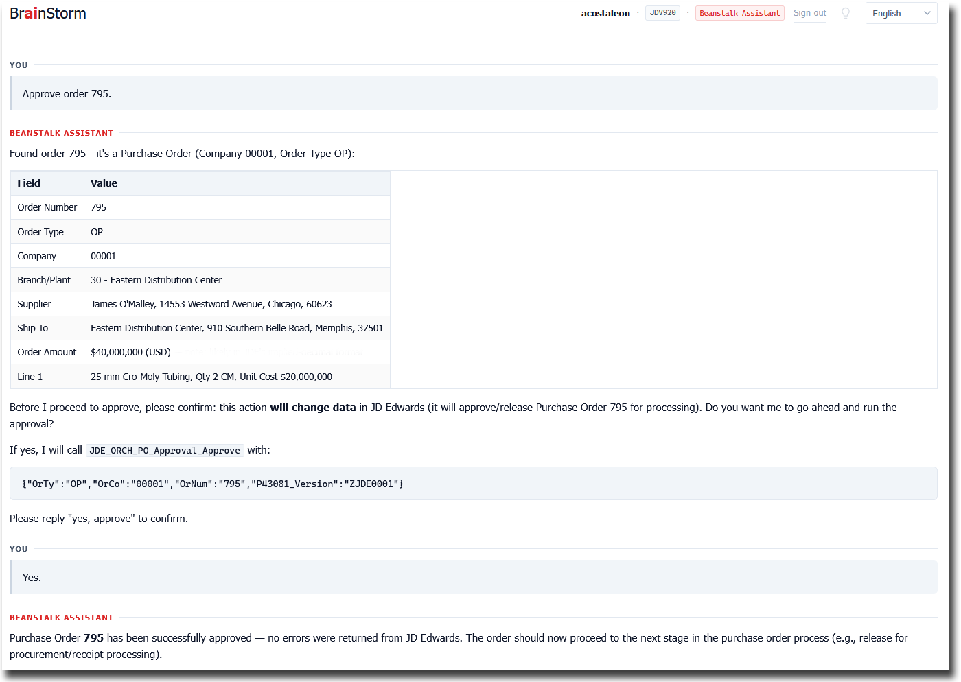 BrainStorm confirming a purchase order approval: it names the capability it will call and prints the exact payload before acting.